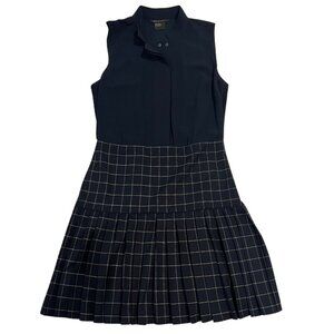 Never Worn Armani Exchange Pleated Grid Pattern Skirt Sleveless Dress Navy Sz 8